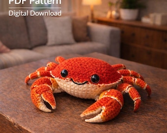 Modello realistico di granchio amigurumi all'uncinetto, giocattolo a forma di granchio in PDF, peluche di animale marino fai da te, simpatico modello all'uncinetto a tema oceano
