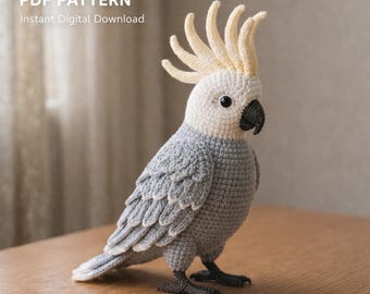 Schema PDF per realizzare un cacatua amigurumi all'uncinetto, schema realistico per un uccello all'uncinetto, amigurumi di pappagallo, giocattolo di peluche fai da te a forma di uccello, download immediato.