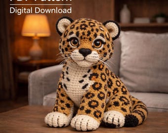 Schema PDF per realizzare un leopardo amigurumi realistico all'uncinetto, tutorial avanzato per peluche di animali, giocattolo per grandi felini, amigurumi di animali selvatici della giungla, idea regalo fai da te