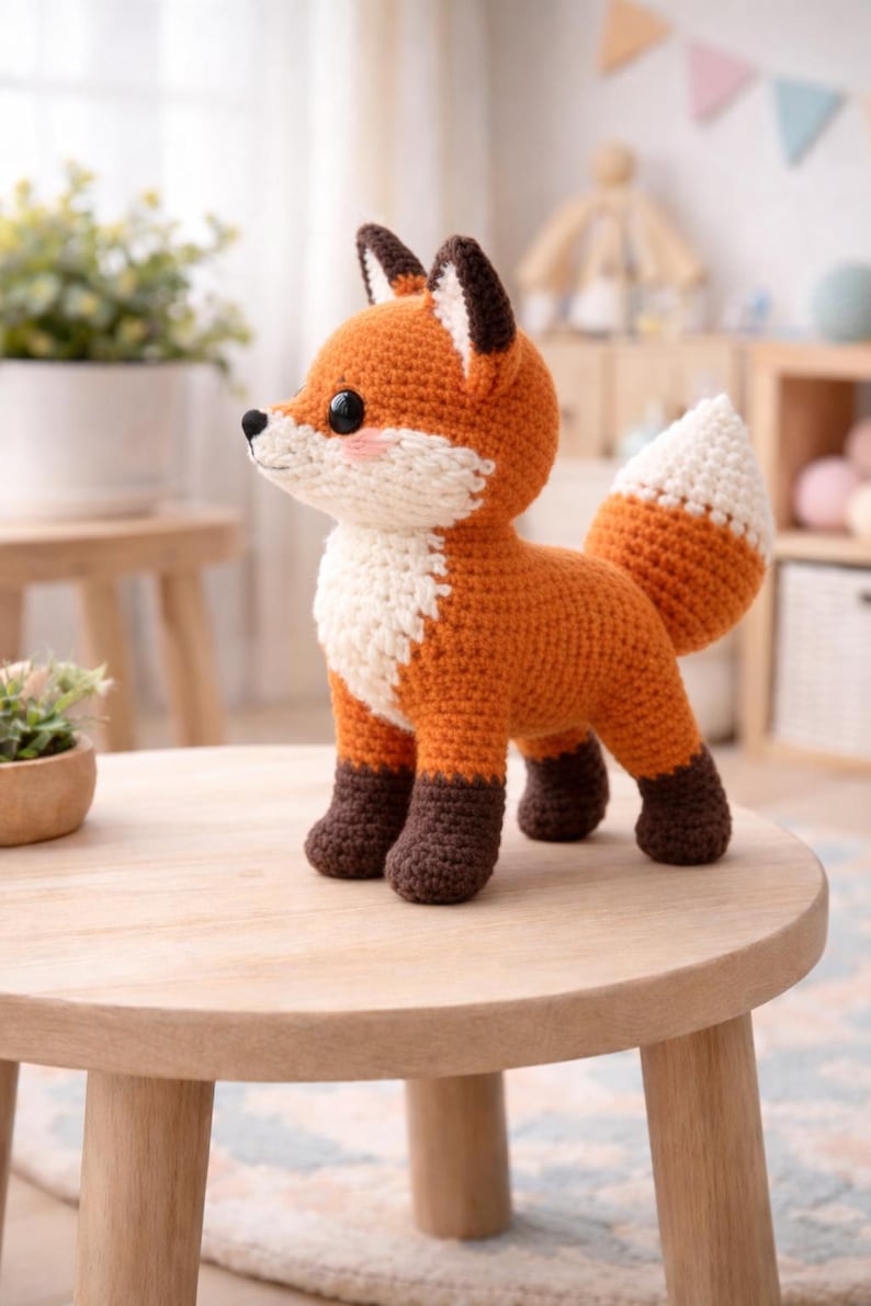 May include: A crocheted fox figurine in shades of orange, white, and brown. The fox has a white chest, a fluffy white-tipped tail, and dark brown feet. It stands on a small wooden table, showcasing a handmade craft.