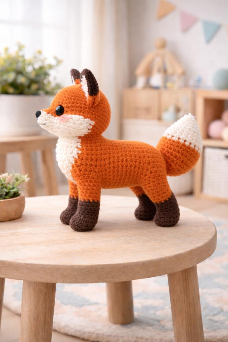 May include: A crocheted fox figurine in orange, white, and brown. The fox has a white chest, a white-tipped tail, and brown accents on its ears and feet. It stands on a light wooden table. The fox is a handmade item.