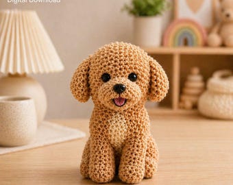 Schema PDF per realizzare un cucciolo all'uncinetto in stile amigurumi, un simpatico peluche a forma di cane, un tutorial per principianti, scaricabile in formato digitale.