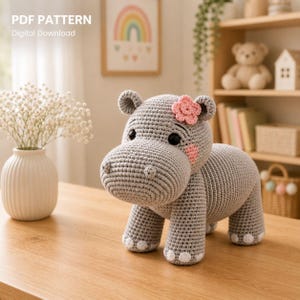 Virkat flodhästmönster i PDF-format, handledning för amigurumi-plyschdjur, sömnig barnleksak, söt flodhästdesign för babyn nedladdning