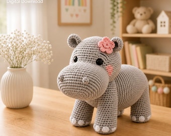 Schema per ippopotamo all'uncinetto in PDF, tutorial per amigurumi, giocattolo rilassante per la cameretta, simpatico disegno di un cucciolo di ippopotamo da scaricare