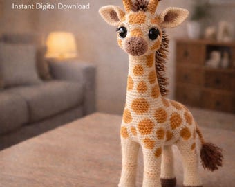Schema per realizzare una giraffa all'uncinetto in formato PDF, giocattolo amigurumi a forma di giraffa, decorazione safari per la cameretta, regalo per baby shower, simpatico animale all'uncinetto, download digitale immediato