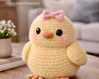 Schema PDF per realizzare un pulcino amigurumi all'uncinetto, un peluche a forma di pulcino, un animale kawaii, facile e adatto ai principianti. Download digitale.
