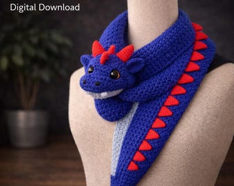 Schema per sciarpa a forma di drago all'uncinetto in PDF - Sciarpa a forma di drago per bambini in amigurumi - Adatto ai principianti - Download immediato