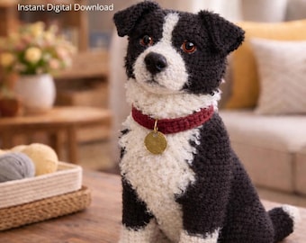 Modello PDF per realizzare un cane realistico all'uncinetto, tutorial per cuccioli amigurumi, modello per peluche a forma di cane, Border Collie all'uncinetto, download immediato.