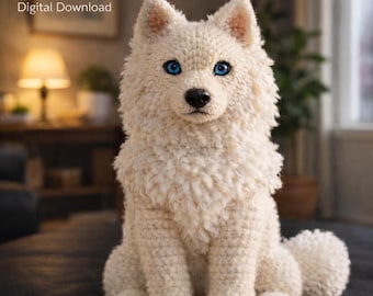 Modello PDF per realizzare all'uncinetto un cane Spitz soffice, cucciolo amigurumi realistico, tutorial per realizzare un cane di peluche seduto, download digitale.