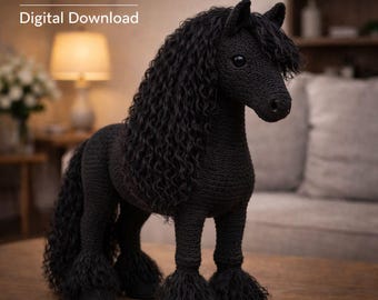 Modello PDF realistico per cavallo nero all'uncinetto / Giocattolo amigurumi frisone / Peluche in piedi / Regalo decorativo fatto a mano per la casa