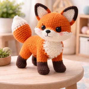May include: A crocheted fox toy in orange, white, and brown. The fox has large black eyes, a white chest, and a fluffy white and orange tail. The fox is standing on a small wooden table. The fox is a handmade item.