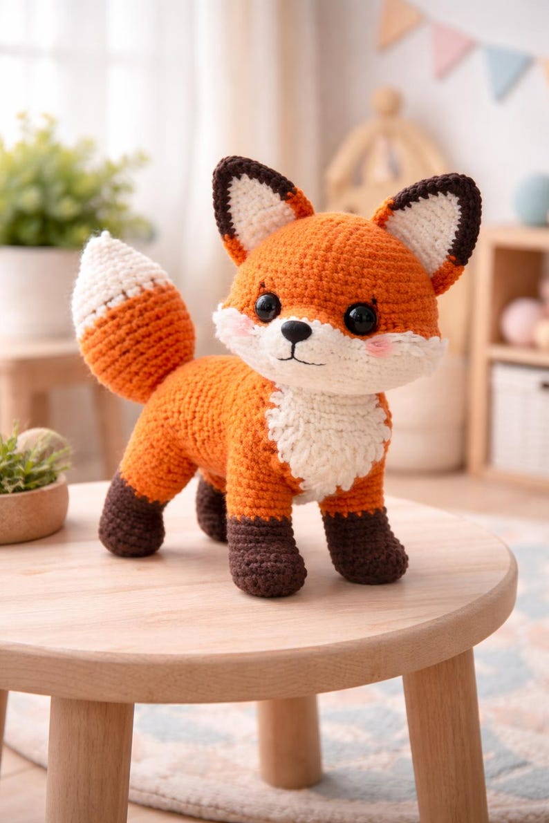 May include: A crocheted fox toy in orange, white, and brown. The fox has large black eyes, a white chest, and a fluffy white and orange tail. The fox is standing on a small wooden table. The fox is a handmade item.