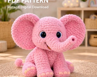 Schema PDF per realizzare un elefante amigurumi all'uncinetto, un elefante di peluche, un cucciolo di elefante carino, uno schema facile per principianti, un giocattolo imbottito fai da te.