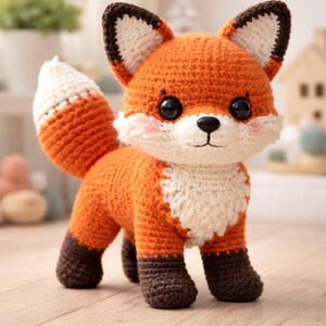 May include: A handmade crochet fox toy in shades of orange, white, and brown. The fox has large black eyes, a white chest, and a fluffy tail. The fox is standing on its four legs, with brown feet. The ears are brown with white tips.