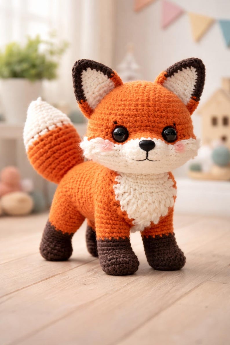May include: A handmade crochet fox toy in shades of orange, white, and brown. The fox has large black eyes, a white chest, and a fluffy tail. The fox is standing on its four legs, with brown feet. The ears are brown with white tips.