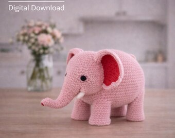 Schema PDF per Amigurumi a forma di elefante, elefante all'uncinetto, elefante di peluche, regalo fatto a mano, decorazione per cameretta a tema safari, schema per giocattolo fai da te