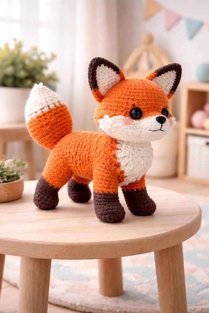 May include: A crocheted fox figurine in orange, white, and brown. The fox has large black eyes, a white chest, and a fluffy white-tipped tail. It stands on a small wooden table. The fox is a handmade item.