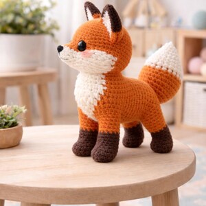 May include: A crocheted fox figurine in shades of orange, white, and brown. The fox has a white chest, a fluffy white-tipped tail, and dark brown feet. It stands on a small wooden table, showcasing a handmade craft.