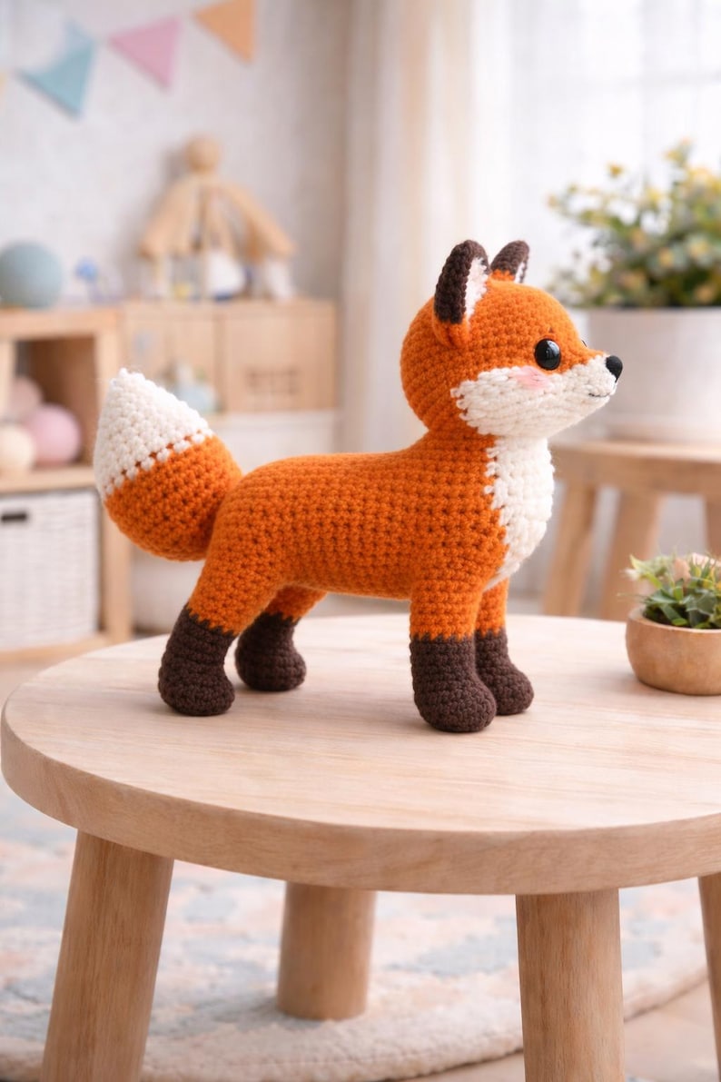 May include: A handmade crochet fox toy in orange, white, and brown. The fox has a fluffy white tail, dark brown paws, and a cute face with black eyes and pink cheeks. It is sitting on a small wooden table.