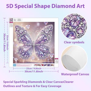 Puede incluir: Un kit de arte de diamantes 5D de forma especial con un dise&ntilde;o de mariposa morada. El lienzo mide 30 cm por 30 cm. Incluye s&iacute;mbolos claros, un lienzo impermeable y diamantes brillantes para una cobertura detallada y f&aacute;cil de completar.
