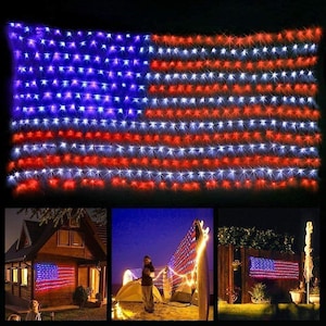 May include: A rectangular net of LED lights arranged to form the pattern of the American flag, featuring blue, white, and red bulbs. The display is shown mounted on the side of a house, draped over a tent, and attached to a wooden fence.