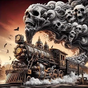May include: A black steam locomotive traveling on tracks, emitting thick smoke that forms into multiple detailed human skulls. The train features a prominent front clock, metallic wheels, and a cowcatcher, set against a dark, hazy orange sky.