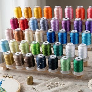 May include: A tiered wooden rack holding forty-eight spools of embroidery thread in a spectrum of colors, including yellow, orange, pink, red, blue, purple, green, brown, white, and gray. A gold thimble, a needle, and a peacock embroidery hoop.