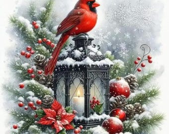 Kit de pintura de diamantes Cardenal de Navidad / Arte de diamantes de pájaro 5D con taladro completo / Pintura de invierno por números DIY / Decoración de 30 x 30 cm