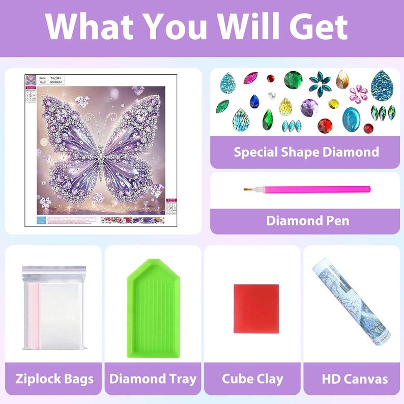 Puede incluir: Un kit de pintura de diamantes con dise&ntilde;o de mariposa, que incluye diamantes de formas especiales, un bol&iacute;grafo rosa, bolsas con cierre, una bandeja verde, un cuadrado de arcilla roja y un lienzo HD enrollado con el texto What You Will Get.