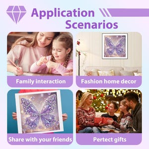Puede incluir: Un collage titulado Application Scenarios que muestra un kit de pintura de diamantes. Las im&aacute;genes muestran a una persona y un ni&ntilde;o creando, un cuadro de mariposa morada enmarcado, una persona sosteniendo la obra y una familia intercambiando regalos.