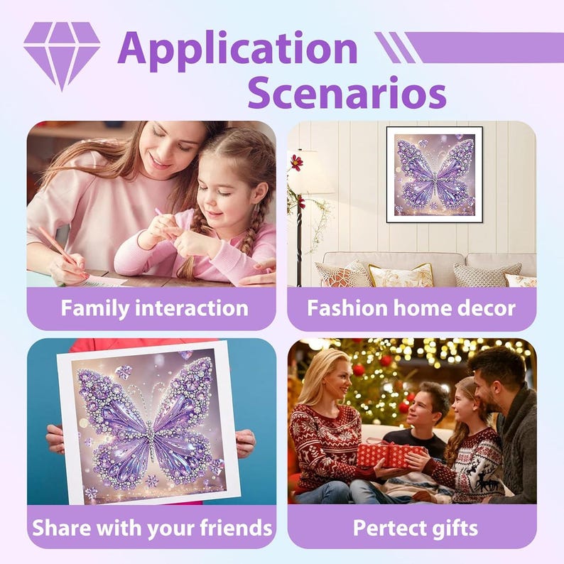 Puede incluir: Un collage titulado Application Scenarios que muestra un kit de pintura de diamantes. Las im&aacute;genes muestran a una persona y un ni&ntilde;o creando, un cuadro de mariposa morada enmarcado, una persona sosteniendo la obra y una familia intercambiando regalos.