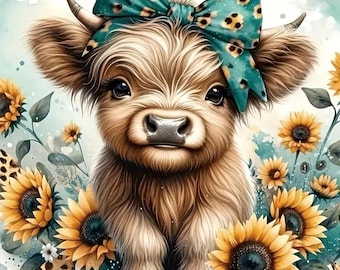 Puede incluir: Un ternero Highland marrón y esponjoso con un lazo verde azulado con estampado de leopardo, posicionado entre varios girasoles de color amarillo brillante con hojas verdes y un fondo de acuarela claro con suaves tonos azules y verdes.