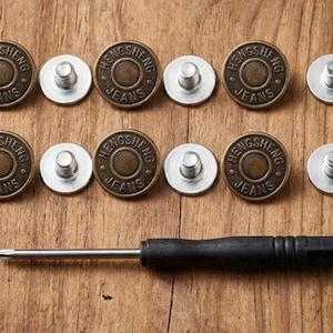 12 Pcs Button for Sewing Metal Jeans,No-Sew Nailess Removable Metal Jeans Buttons Replacement Repair Combo Thread Rivets and Screwdrivers.