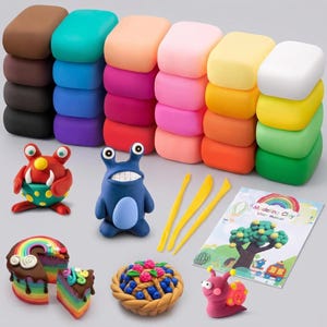 May include: A set of colourful modelling clay blocks stacked in columns, accompanied by sculpted clay figures including a red monster, a blue creature, a rainbow cake, a berry tart, and a pink snail, plus three yellow plastic tools and a user manual.