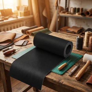 May include: A roll of black textured material partially unrolled on a green cutting mat. The surface features a pebbled grain pattern. Nearby tools include a wooden-handled awl, a metal utility knife, and spools of thread on a wooden table.