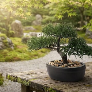 May include: A small evergreen bonsai tree with dense, dark green needle-like foliage and a thick, dark brown trunk. The tree is planted in a smooth, oval-shaped matte black ceramic pot filled with light-colored decorative river stones.