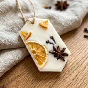 May include: A hexagonal white wax ornament featuring embedded dried orange slices, a whole star anise, and two small cloves. A thin brown twine loop is attached to the top of the wax piece for hanging, creating a decorative botanical accent.