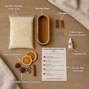 May include: A DIY candle making kit containing a bag of white soy wax pellets, an oval wooden bowl, two wooden wicks, two metal wick clips with adhesive stickers, a small bottle of fragrance oil, dried orange slices, star anise, cloves, a cinnamon stick, and a printed instruction sheet.