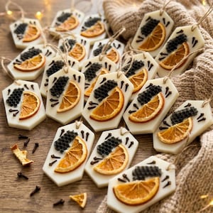 May include: A collection of white, hexagonal wax ornaments, each featuring a dried orange slice, a piece of dark honeycomb, and several whole cloves embedded in the surface. Each ornament includes a thin twine loop for hanging.