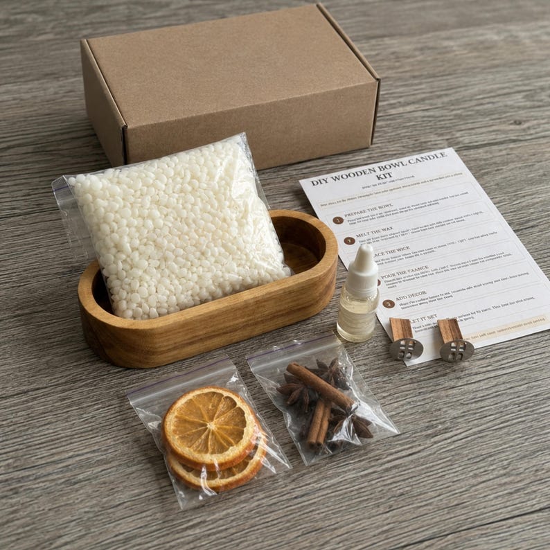 May include: A DIY wooden bowl candle kit including a brown cardboard box, a wooden oval bowl, a plastic bag of white wax beads, a small bottle of fragrance oil, two metal wick tabs, a bag of dried orange slices, star anise, and cinnamon sticks.