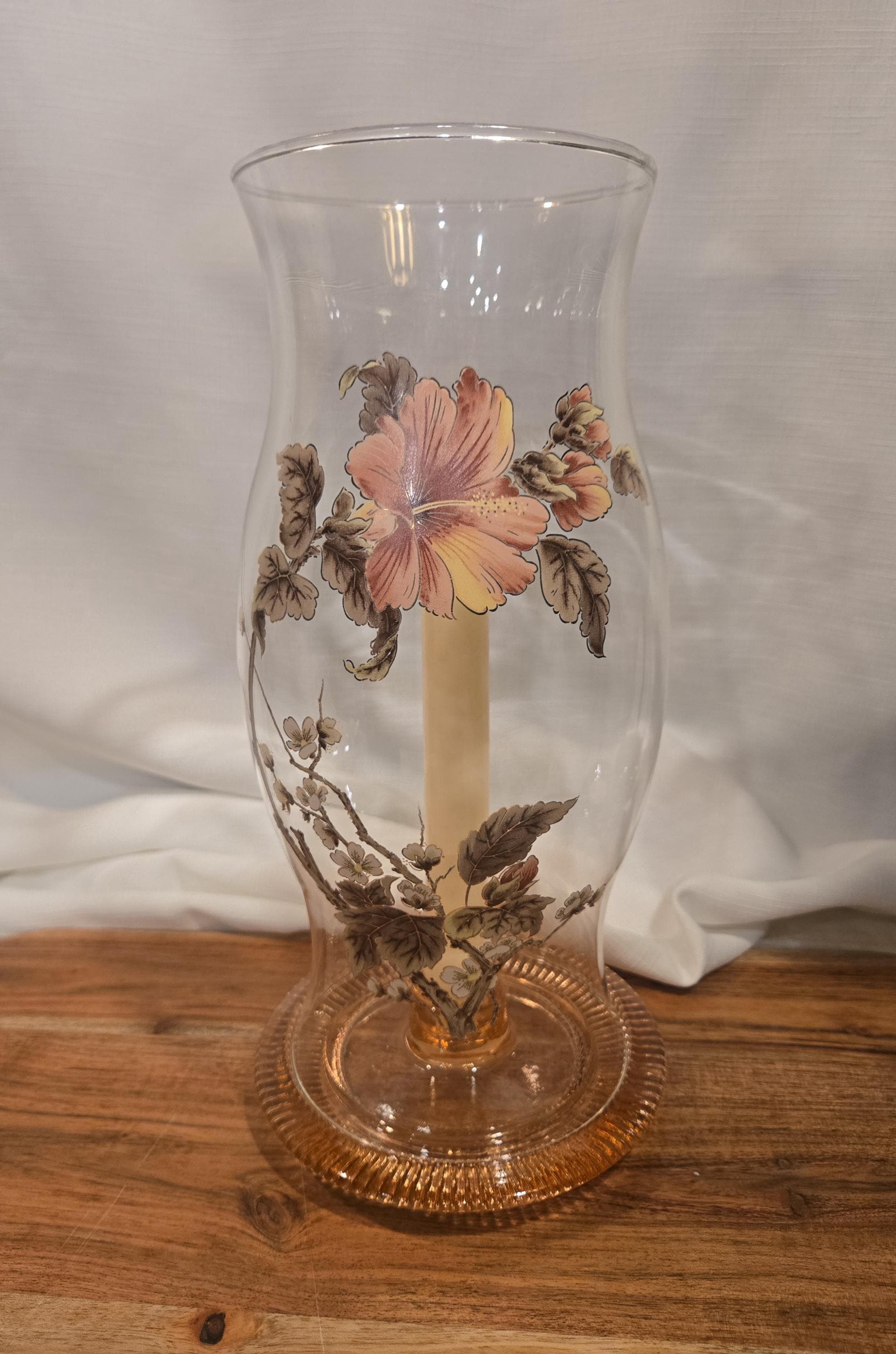 Vintage LE Smith Hibiscus Flowered Hurricane Chimney on Glass Base