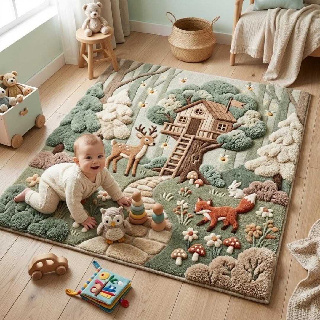 3D Woodland Treehouse Tufted Kids Rug | Enchanted Forest Nursery Area ...