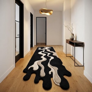 Modern Abstract Wave Runner Rug, Black and Cream Sculptural Area Rug, Contemporary Fluid Flow Carpet for Living Room