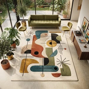 May include: A rectangular area rug featuring an off-white background with a large-scale abstract pattern. The design includes geometric shapes in shades of burnt orange, mustard yellow, sage green, teal, and black, accented by thin black lines.