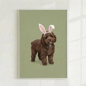 Brown Cavapoo Easter Art Print | Dog with Bunny Ears Wall Decor (Digital Download)