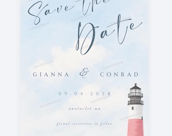 Custom Watercolor Lighthouse Save the Date & RSVP Card | Coastal Wedding Invitation Suite | Editable Canva Template