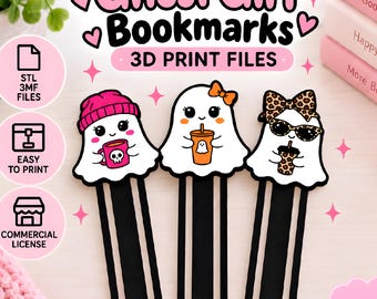 May include: Three white ghost-shaped bookmarks with black stems. The first wears a pink beanie and holds a pink mug with a skull. The second has an orange bow and holds an orange cup. The third wears leopard print sunglasses and a matching bow.