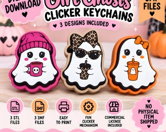 May include: Three ghost-shaped clicker keychains featuring cartoon designs. One ghost wears a pink beanie and holds a skull mug, one wears leopard print sunglasses and a bow, and one wears an orange bow while holding a cup. Text includes Girl Ghosts Clicker Keychains, 3 Designs Included, Digital Download, STL + 3MF Files, and No Physical Item Shipped.