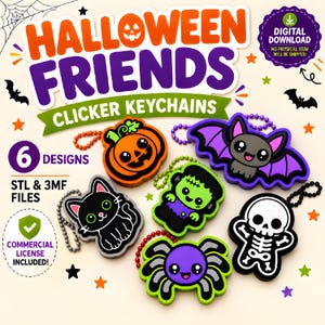 Halloween Friends Keychain Fidgets, Six Clicker Designs, STL and 3MF Clickers, Spooky Bag Charms, Printable Models, Commercial license