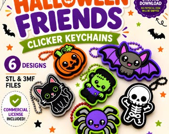 Halloween Friends Keychain Fidgets, Six Clicker Designs, STL and 3MF Clickers, Spooky Bag Charms, Printable Models, Commercial license